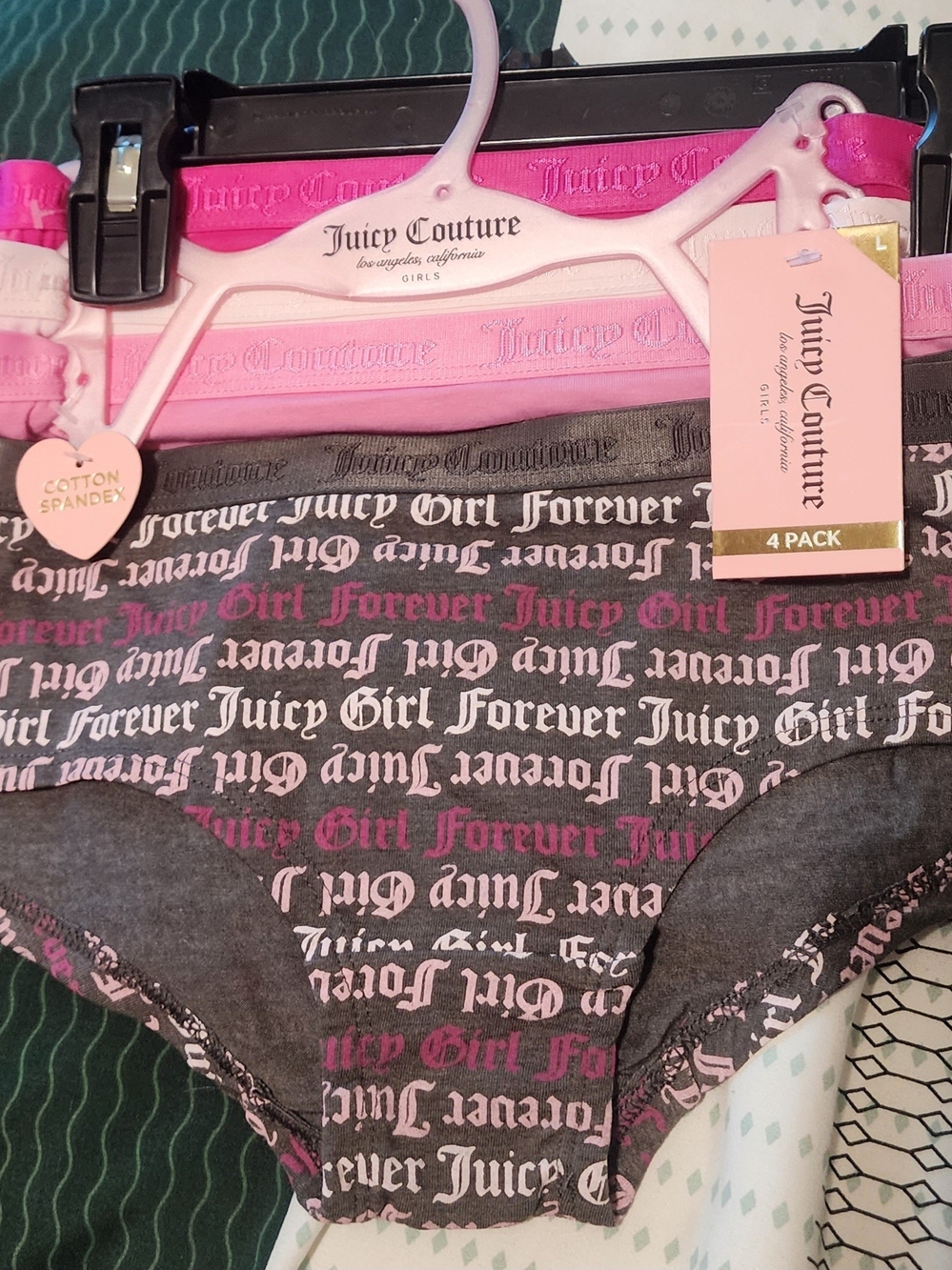 Juicy Couture Girls 4-Pack Hipster Bottoms in Pink and Gray Sz Lrg NWT